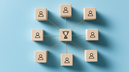 Team Achievement and Recognition, Connected People and Trophy Symbolizing Success and Excellence, Business Wooden Cubes