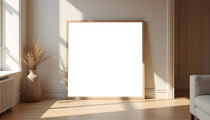 Minimalist scandinavian modern photo frame with natural light. Minimal photo frame for mock up. Clean and simple style home decoration. Aesthetic interior design. relax and chill. key up.	
