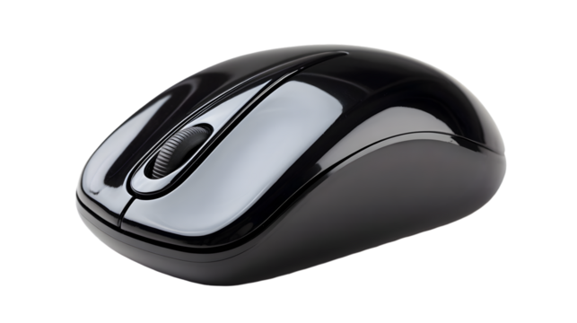 A close up shot of a sleek transparent  computer mouse with a scroll wheel on a transparent  background