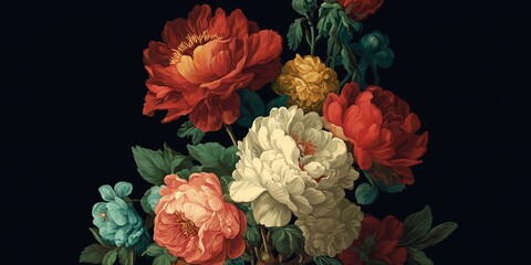 Vintage Botanical Illustration of Colorful Flowers on Dark Background.