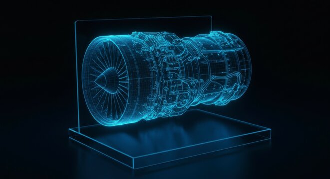 Glowing wireframe model of a turbofan engine, showcased on a transparent platform against a dark background