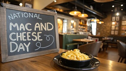 National Mac and Cheese Day, Image of Cozy Café Interior with Chalkboard Menu and Warm Ambience.