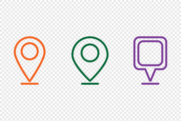 Location icon, map pin icons in outline styles. For maps, GPS, navigation apps, location markers. A placemark, pointer, or marker on a geolocation map. A designation of an address or GPS location. 