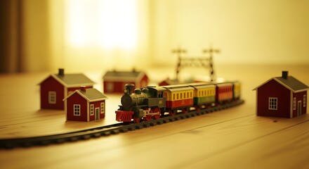 A charming miniature train setup with small model houses illuminated by a warm glow, creating a nostalgic atmosphere ideal for various conceptual or illustrative purposes.