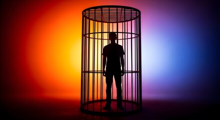 Social Barrier Concept , a person enclosed in a cage with colors suggesting emotional barrier