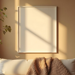 Minimalist Scandinavian pastel tone photo frame. Minimal photo frame mock up with sunlight and shadow. Clean and simple style home decoration. Aesthetic interior design. relax and chill. key up.