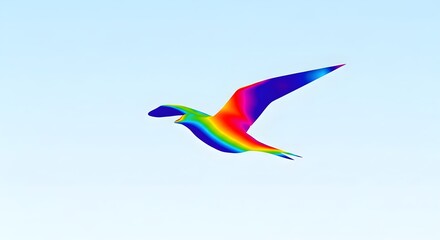 Colorful Rainbow Bird Silhouette Flying in Clear Blue Sky