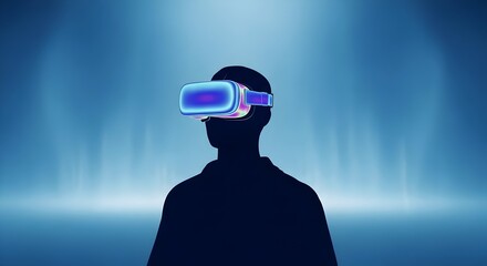 Silhouette of an individual experiencing virtual reality technology, illuminated by a futuristic blue light. This captivating composition represents innovation, gaming, and technological advancements 