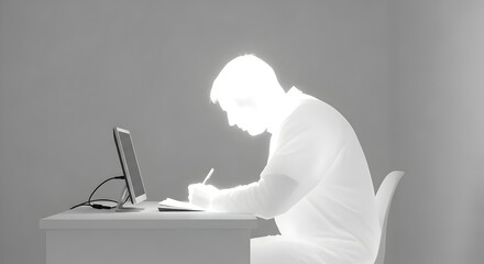 A glowing silhouette of an individual seated at a desk, illuminated by a digital device, engaging in writing.  emphasizes focus, technology, concept of creativity.
