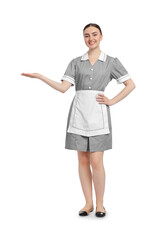 Full-length portrait of happy chambermaid on white background