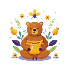 Cute Meditating Bear with Bees Flying Around Honey Pot. Peaceful Animal Character Illustration in Vector Style on White Background for Kids and Nature Themes. 