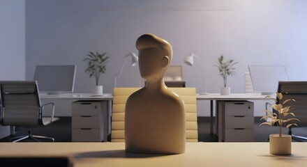 A sleek, modern office desk showcasing a minimalist decor with a prominent abstract bust sculpture. In the background are chairs and desks, emphasizing a clean and productive workplace environment.