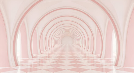 Naklejka premium Infinite Blush Pink Archway Hallway Surreal Architectural Visualization