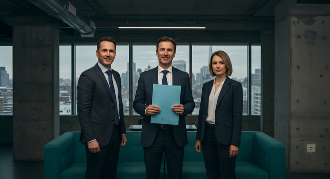 Confident business team posing for a professional corporate headshot in a modern office setting, showcasing success and collaboration.