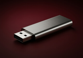 A brushed steel USB drive resting on a deep burgundy surface with subtle textures and soft reflection &mdash; elegant and corporate-ready.