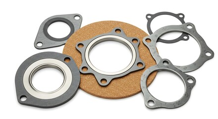 A detailed studio shot of an assorted collection of industrial and automotive gaskets, isolated on a clean white background