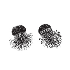 Jellyfish Silhouette – Vector Illustration Floating Jellyfish – Black and White Art Sea Creature Icon – Jellyfish Vector
