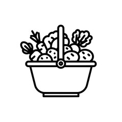 Line art basket filled with fresh vegetables and herbs for market or cooking