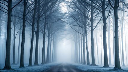 Obraz premium A solitary dirt path winds through a dense forest of bare trees shrouded in ethereal blue winter fog