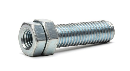 A detailed close-up, macro photograph of a new metal hex bolt with a matching nut, isolated on a clean white background