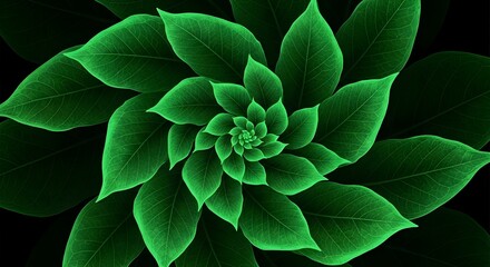 Macro photograph of green leaves arranged in a radial, symmetrical formation, showcasing natural beauty and detail. Perfect for concepts of nature, sustainability, growth, and organic patterns.