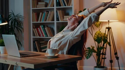 Adult woman have relax after work with laptop computer in home office - modern job smart working people lifestyle - mature female enjoy and smile sitting at the desk - Powered by Adobe