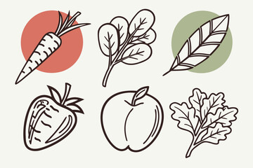 A simple line art illustration of various fruits and vegetables