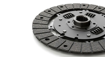 A high-detail studio shot of a new car clutch disc, isolated on a clean white background with significant copy space