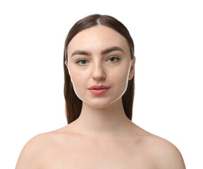 Portrait of beautiful woman on white background. Cosmetology and skincare