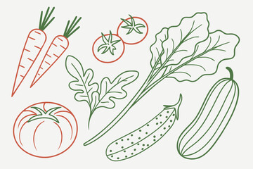 An assortment of fresh garden vegetables in a minimalist line drawing
