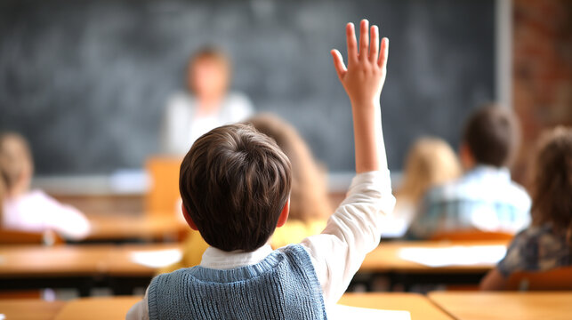 School classroom, boy raises his hand to answer, view from the back.