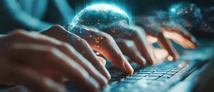 Close up of hands typing on a keyboard with a glowing globe hovering above the hands and keyboard