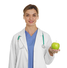 Nutritionist with green apple and stethoscope on white background