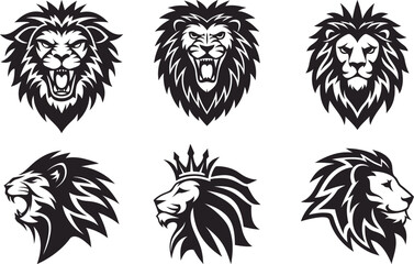 Fototapeta premium A dynamic set of six black and white lion head illustrations, perfect for logos, mascots, and emblems symbolizing strength and courage. 