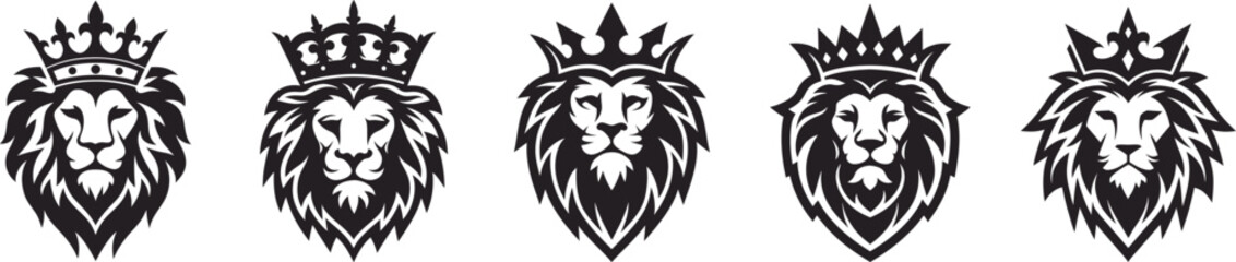 Fototapeta premium A majestic collection of five black and white crowned lion head logos, symbolizing royalty, power, strength, and leadership. 