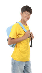 Teenage boy with backpack on white background