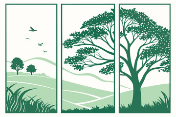 Green landscape with trees, hills, grass, and birds isolated on white background