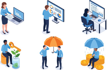 Vector art of isometric illustrations depicting business, finance, insurance, and data analysis, showcasing investment growth, security, and risk management