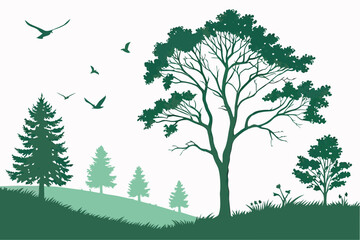 Obraz premium A green silhouette of trees and birds in a natural landscape