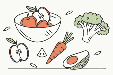 Fresh fruits and vegetables isolated on white background