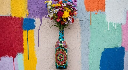 Colorful plastic bottle with artwork in colorful setting. waster material reusability, eho friendliness.