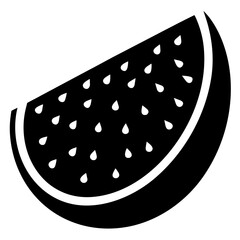 Black silhouette of a ripe watermelon with visible seeds isolated on white background