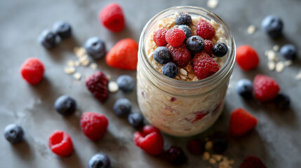Overnight oats in mason jar with berries