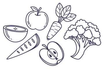 A variety of fresh fruits and vegetables are drawn in outline