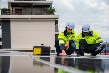 Fototapeta premium Diversity photovoltaic engineers working on solar panels roof