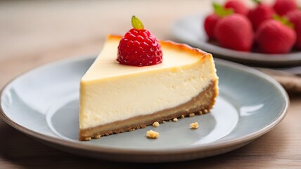 Delicious Cheesecake Slice Topped with Raspberry and Mint on a Plate