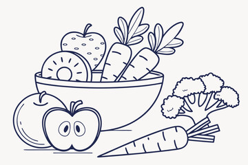 A bowl is filled with fruits and vegetables in outline drawing