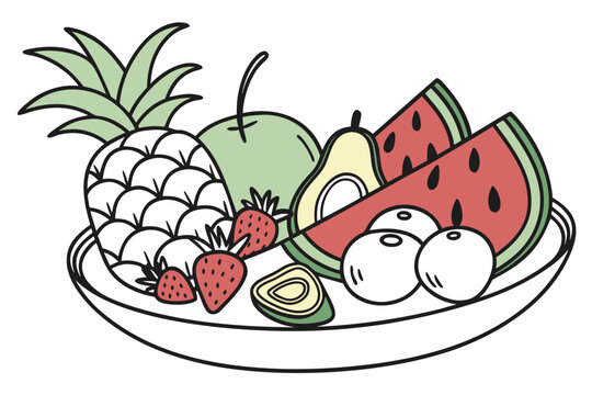 fruit plate with pineapple, watermelon, avocado clip art preview