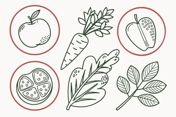 Hand drawn apple, carrot, tomato, and leaf illustration
