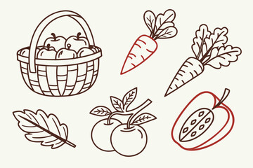 A basket of apples with carrots and leaves isolated on white background